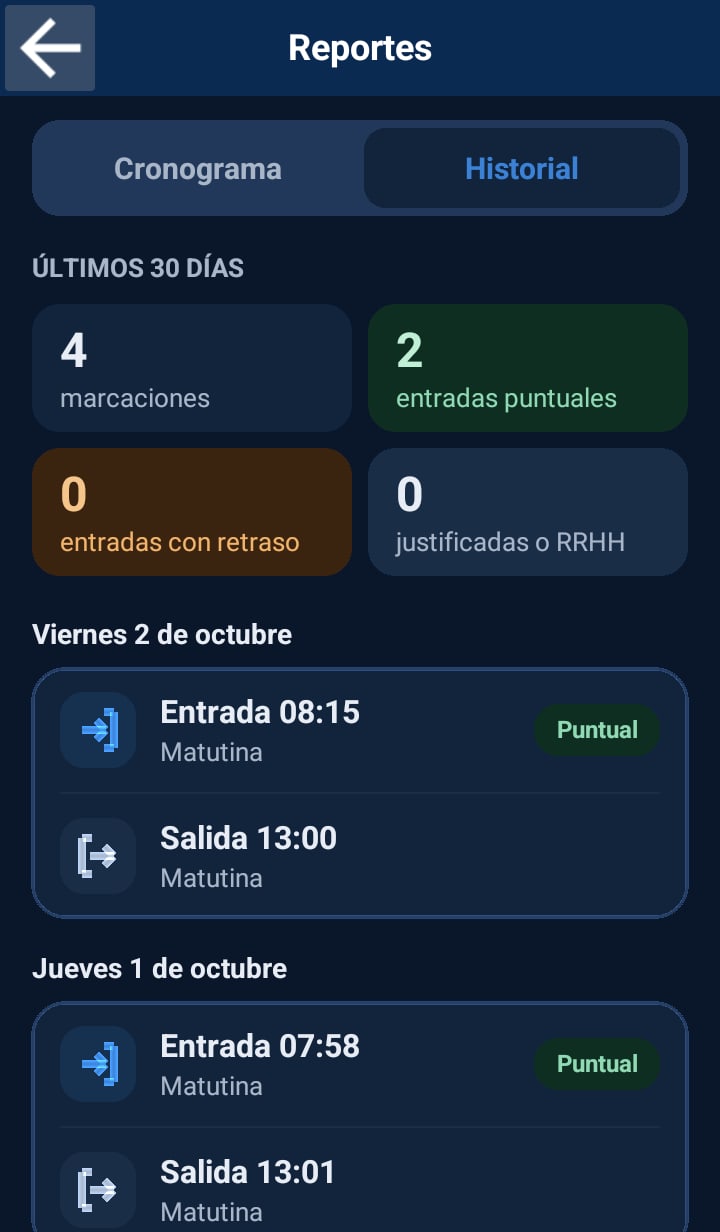 App OmniMark: historial de marcaciones con entradas puntuales