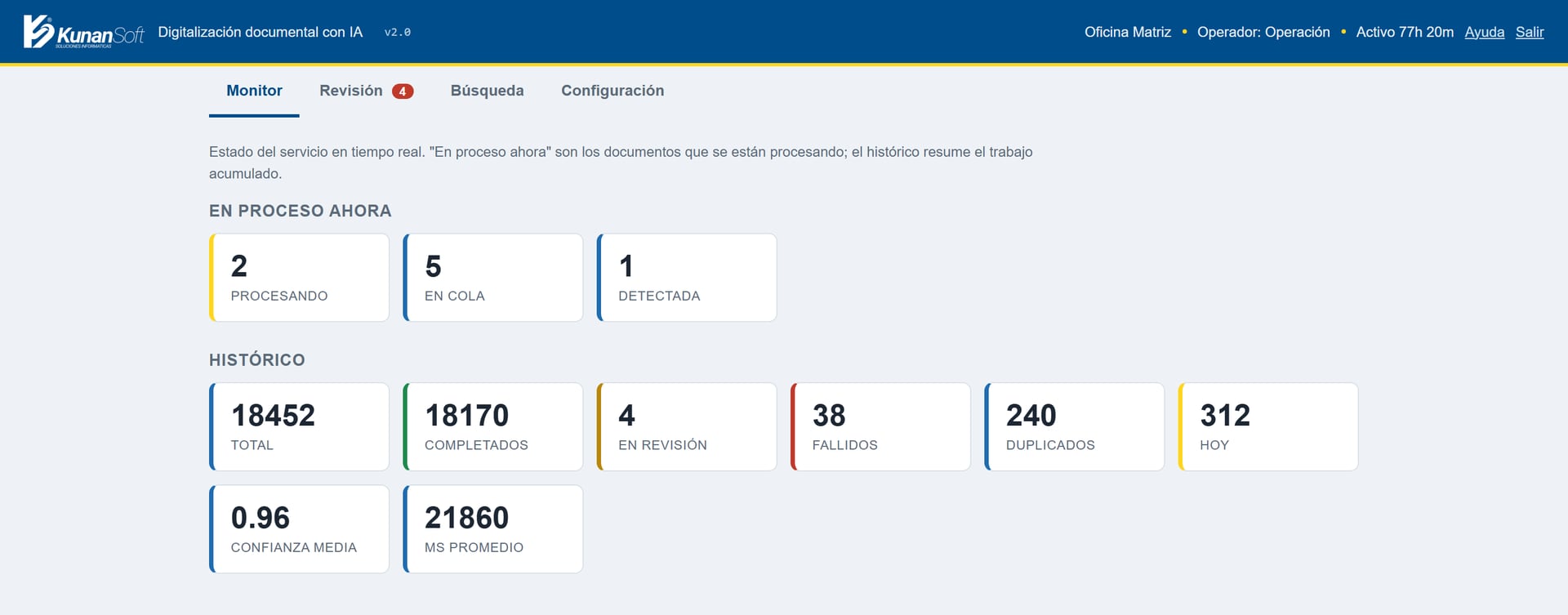 Portal de operación de OmniDocs: documentos en proceso, en cola y totales del histórico
