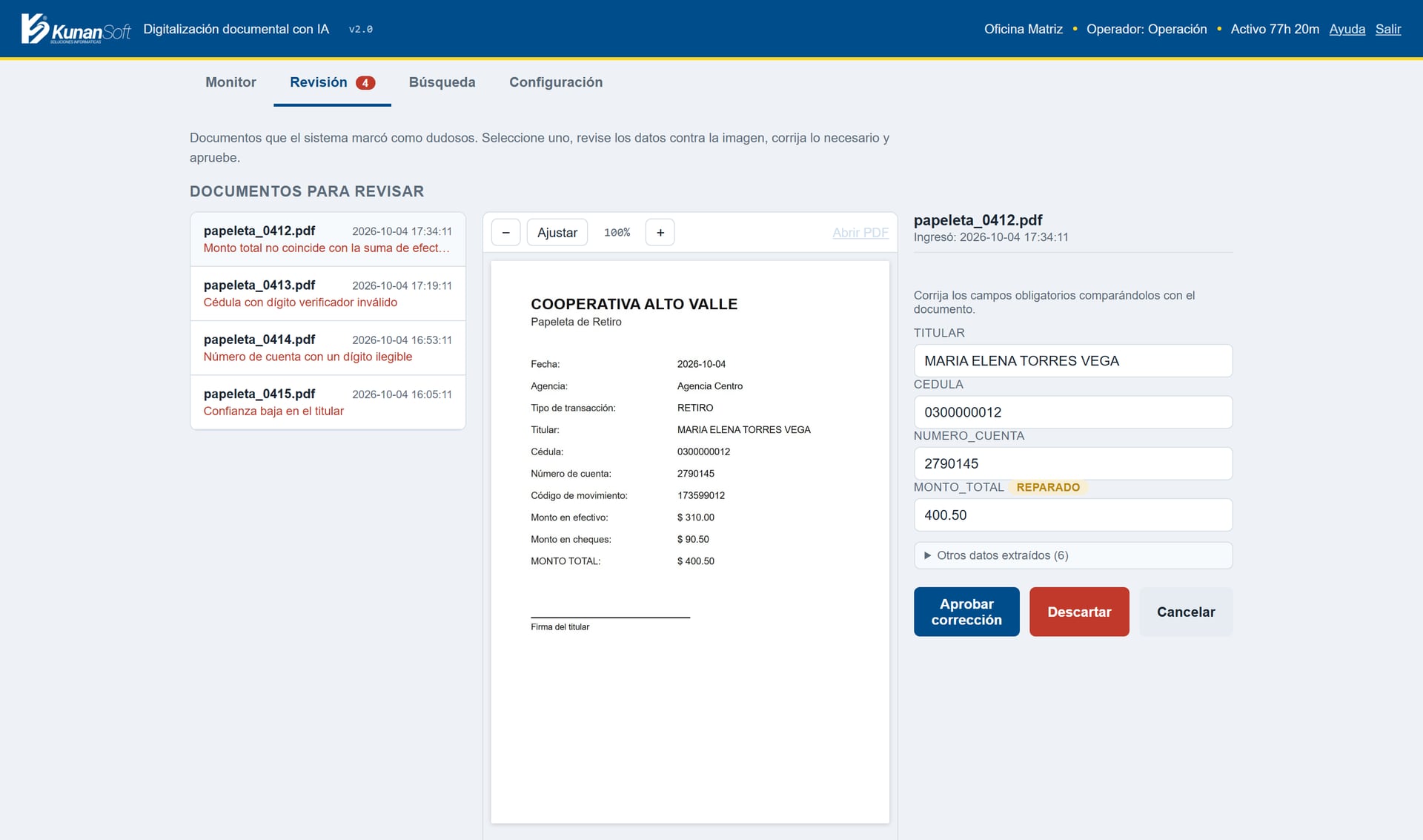Portal de OmniDocs: lista de documentos dudosos, imagen del documento y campos para corregir